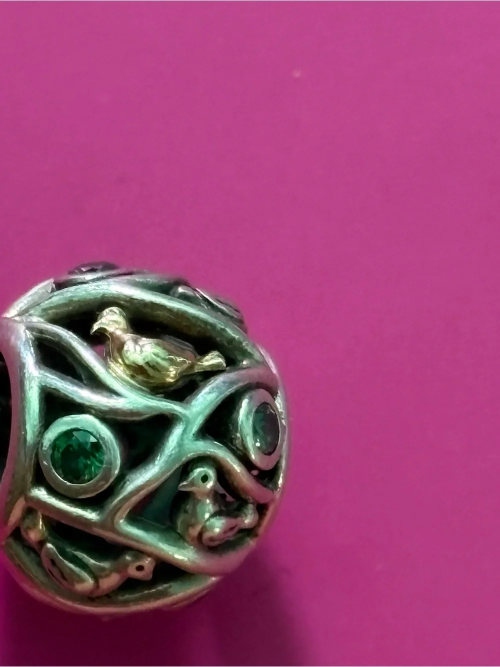 Pandora two tone Bird Charm with Green Stones RETIRED